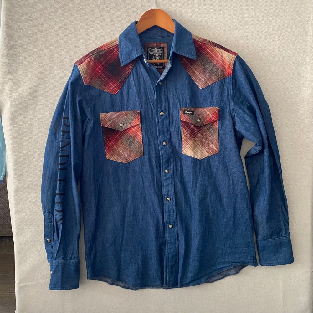 Pendleton Wrangler Denim Western Shirt Mens Medium Plaid Yoke Pearl‎ Snap Blue